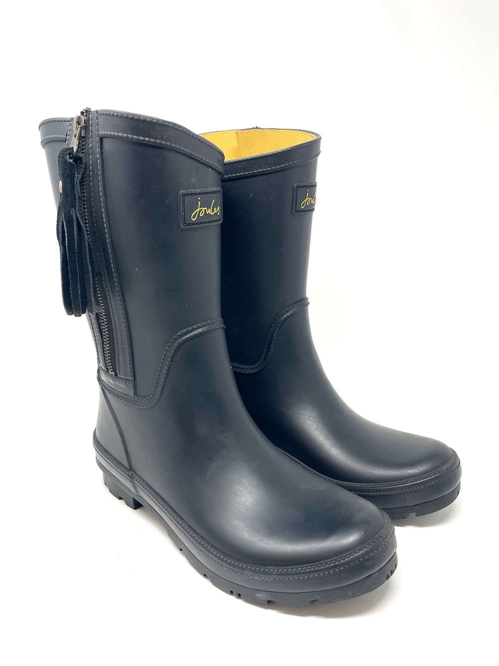 Joules 'Rosalind' Waterproof Black Rubber Rainboots w Tassel, Women's US 9 EU 40